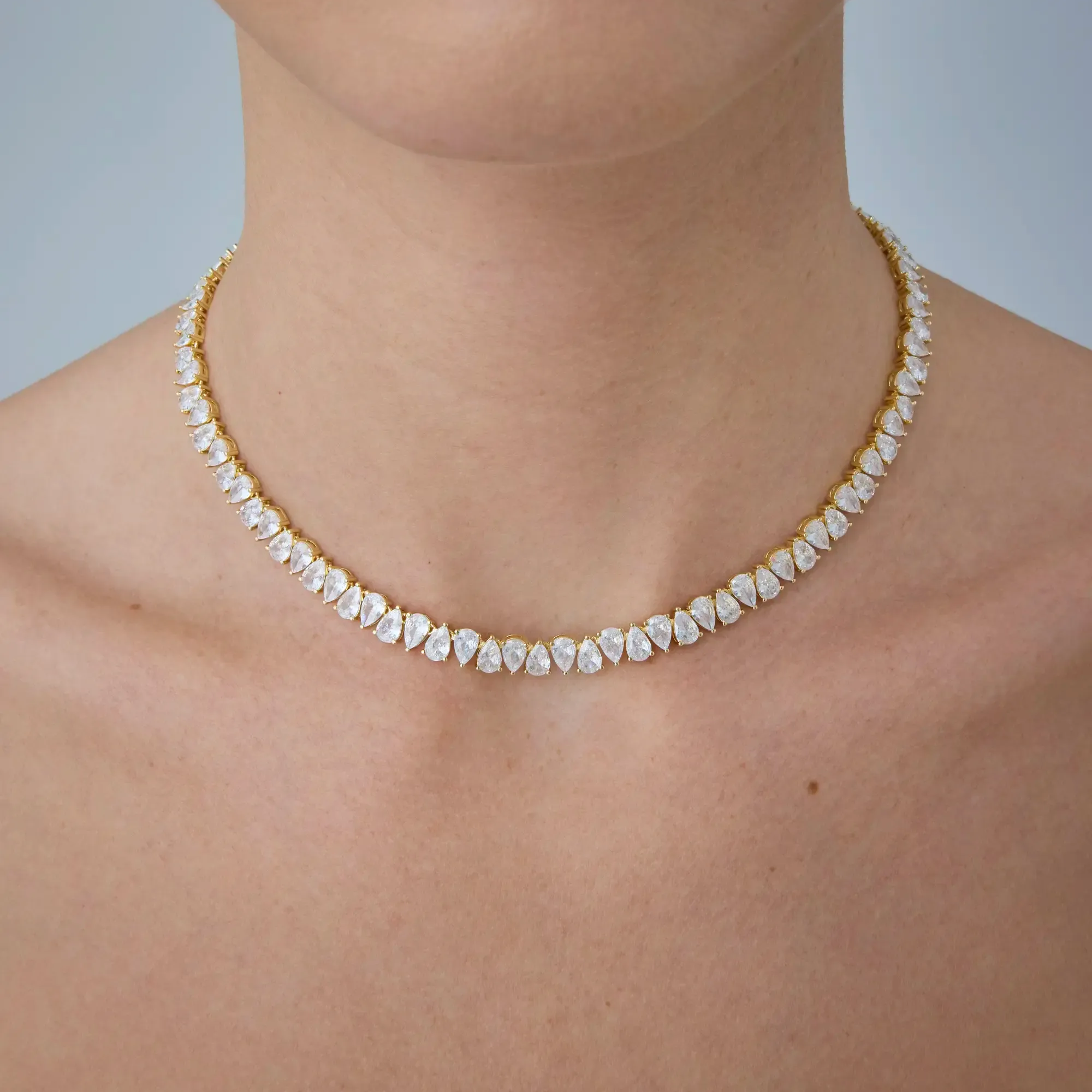 Gold Plated Pear Tennis Necklace CZ Paved Link Chain