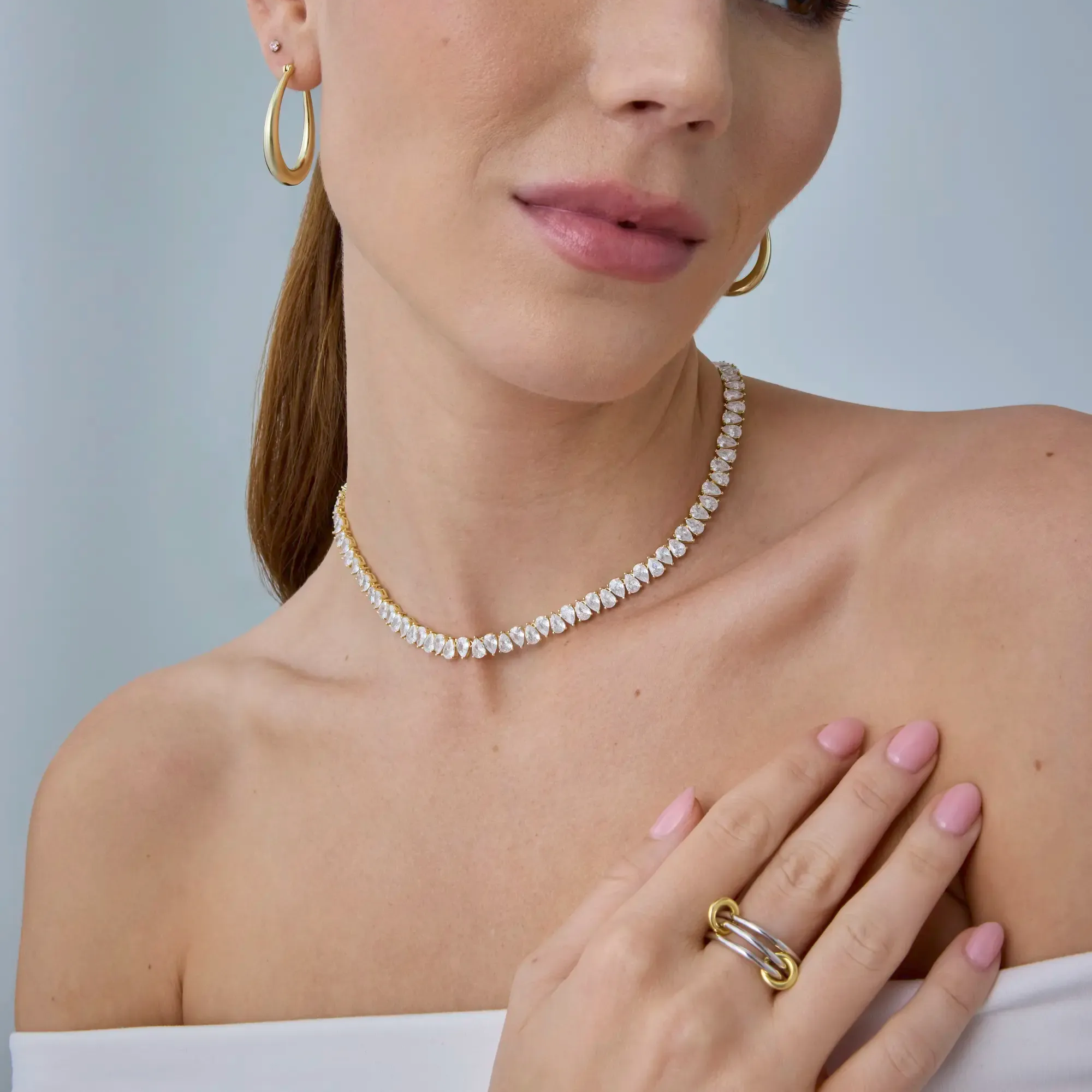 Gold Plated Pear Tennis Necklace CZ Paved Link Chain