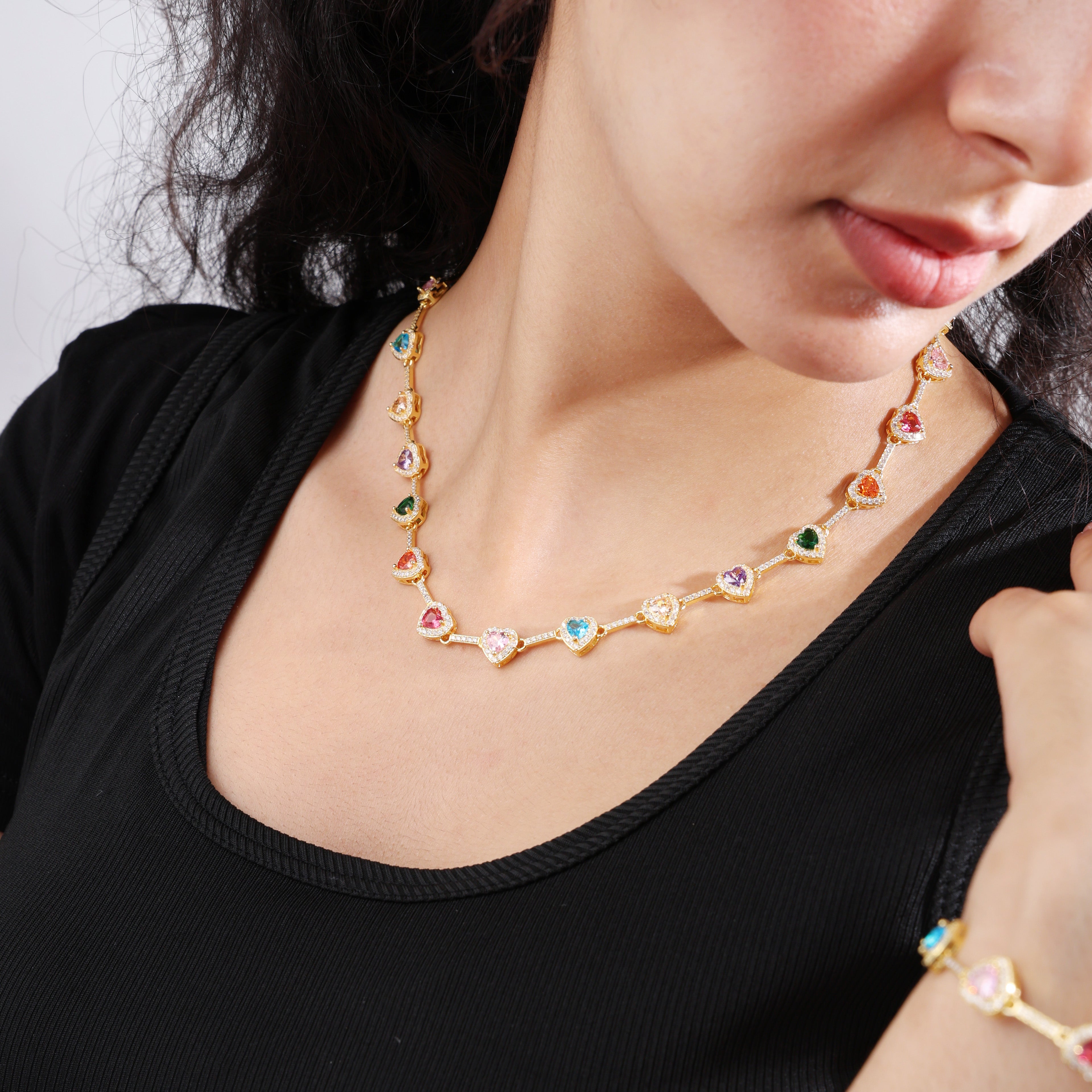 Heart Shaped Colorful Synthetic Decorated Necklace