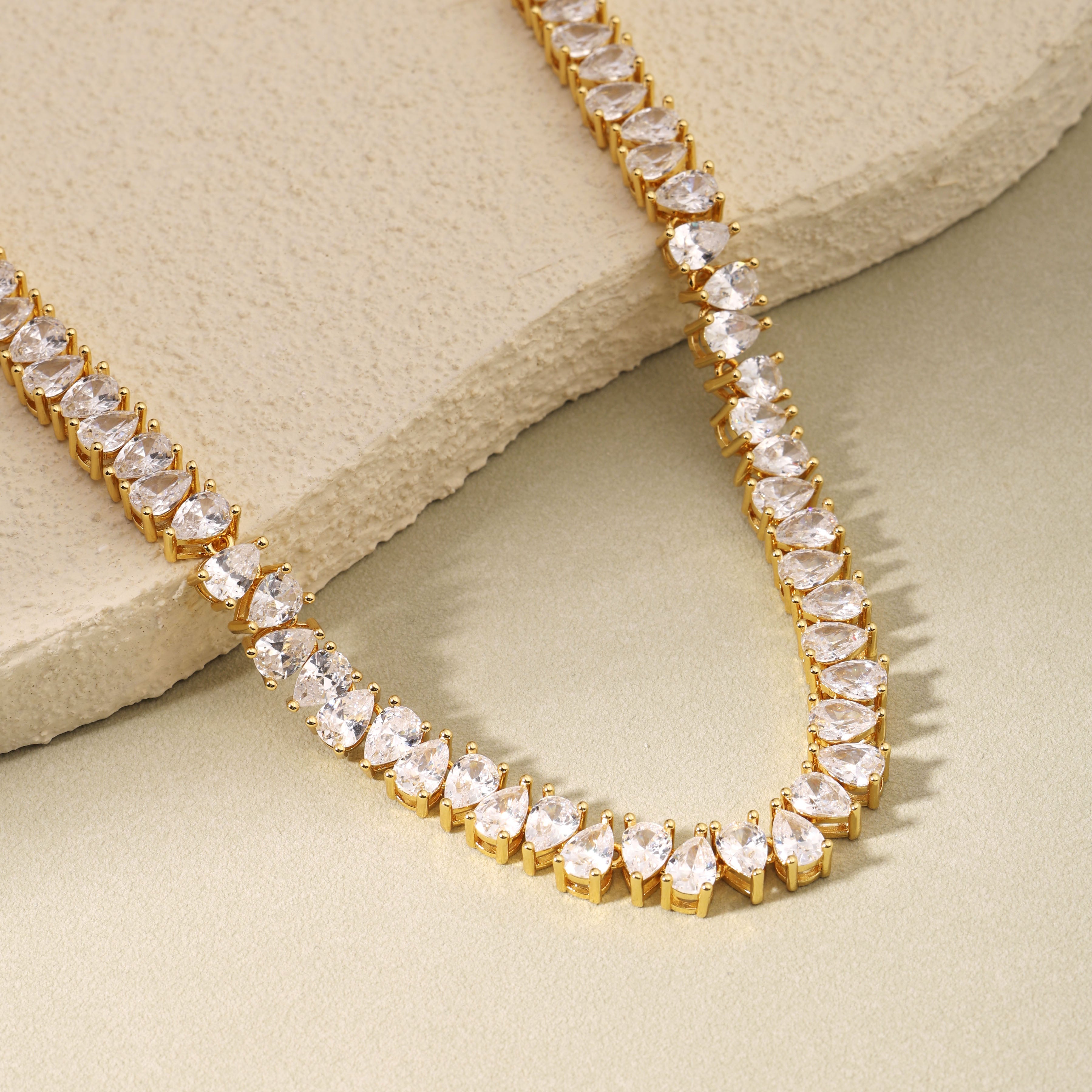 Gold Plated Pear Tennis Necklace CZ Paved Link Chain